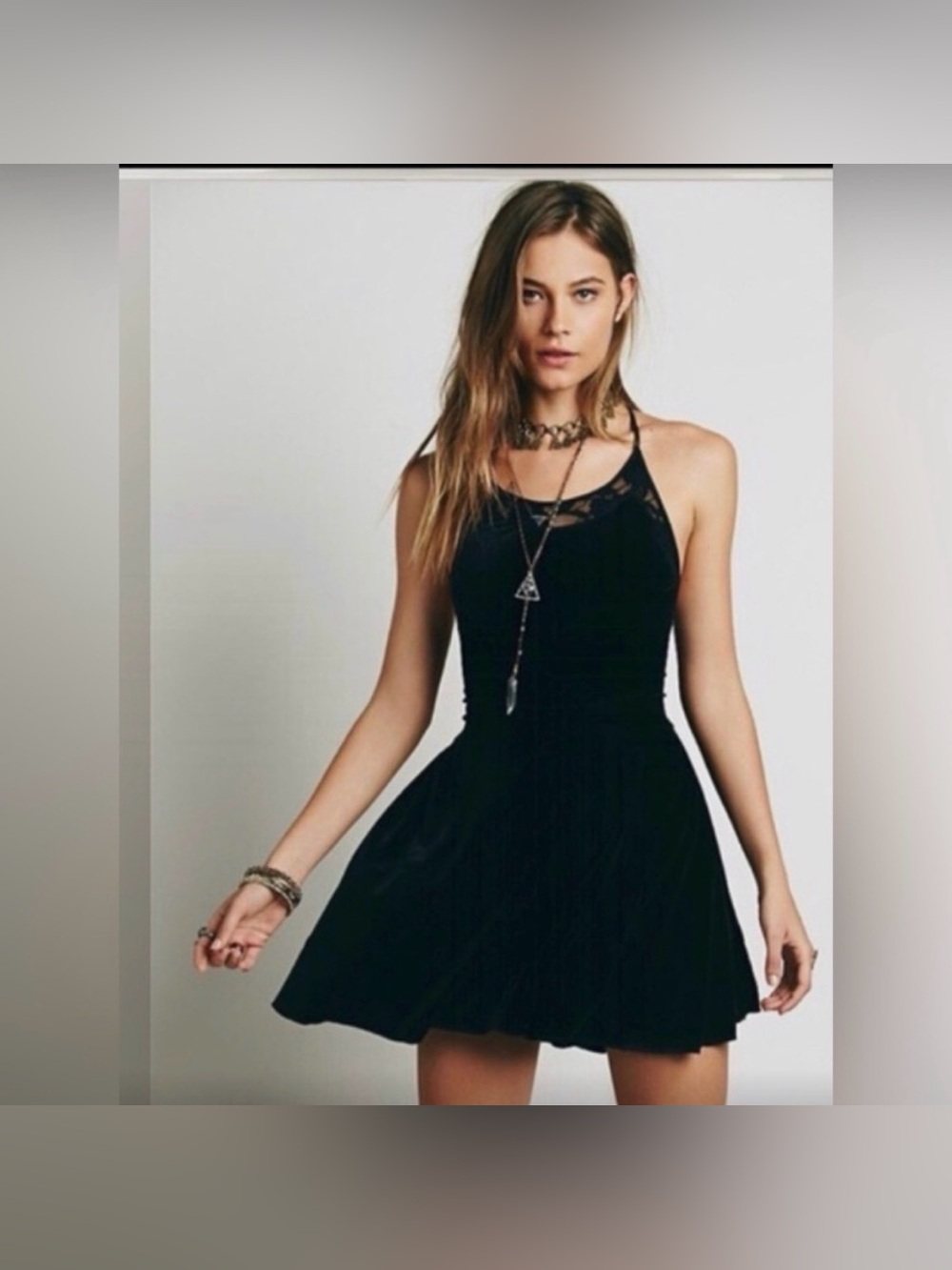 Free People Velvet Black Lace-Trim Halter Skater Dress